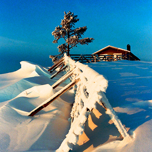 Cabin on snow covered mountain with fence